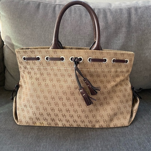 Dooney & Bourke Classic Brown Tan Satchel Top Handle Monogram Bag - Picture 1 of 9